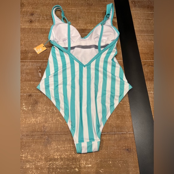 Kona Sol One Piece Swimsuit Turquoise blue and white stripes. - Picture 3 of 5